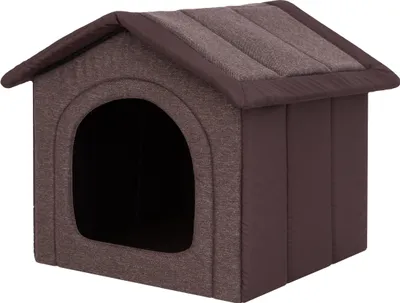 A brown fabric dog house with an arched entrance, shown against a white background.