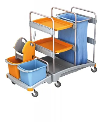 Splast Putzwagen aus Kunststoff mit Abfallsackhalter, Moppresse, Eimern und Regal Splast TSZ-0006