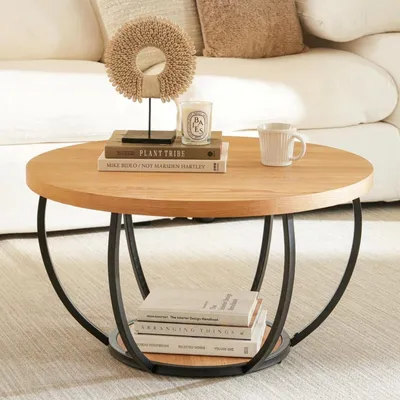 Immagine prodotto di Tavolino da caffè rotondo, diametro 80 cm, aspetto legno naturale, struttura in metallo, 2 ripiani