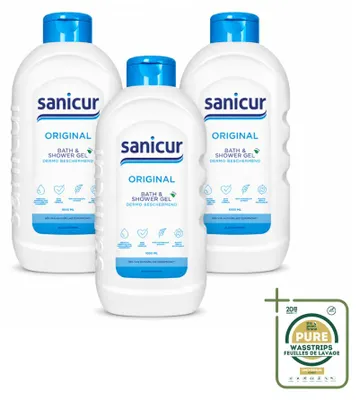 Imagen del producto de 3 unidades de gel limpiador corporal y para ducha Sanicur Original, 1000 ml cada uno, pack ahorro
