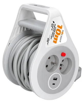 Immagine prodotto di Prolunga Solight su avvolgicavo, 10 m, USB A+C, 2 prese, cavo grigio, 3 x 1,0 mm² PB25C