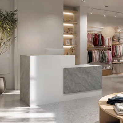 Produktbild von Große Empfangstheke 220x60x110cm, Weiß & Marmor-Optik, P2-MDF, mit Stauraum für Büro, Laden, Kosmetikstudio & Praxis