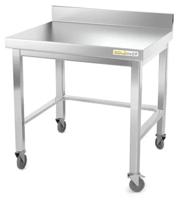 Immagine prodotto di Tavolo da lavoro in acciaio inox, base da 700 x 500 mm, con supporto posteriore e rinforzi, montato su ruote, serie PREMIUM - GOLDINOX