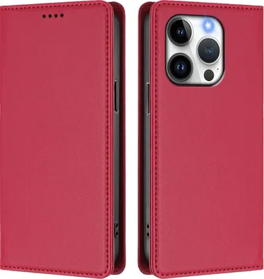 Image de Etui en cuir pour iPhone 14 Pro, étui magnétique en cuirPolyuréthaneavec support Rouge