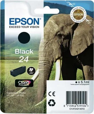 Obrázek produktu pro Epson Elephant Balíček s jedním inkoustem 24 Slon Claria Photo HD Black, Standardní výtěžnost, Černá, Inkoust na pigmentové bázi, 5,1 ml, 1 kusů, 240 str.