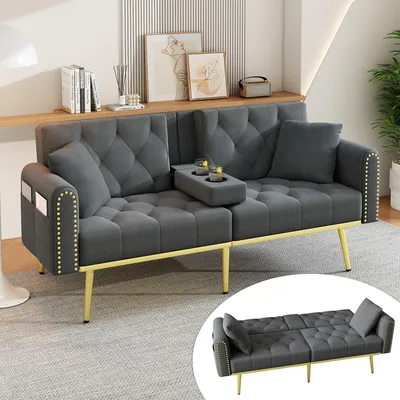 Image de Fortuna Lai Canapé-lit double convertible avec fonction inclinable, trois angles d'inclinaison réglables et porte-gobelets. Convient pour le salon, la chambre à coucher, le home cinéma ou la chambre d'amis. Revêtement en tissu. Gris.