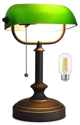 Bürolampe antik, grüner Glasschirm, Zugschalter, schwarz