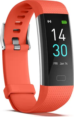 A close-up studio shot of an orange smart watch with a black screen displaying the time and date.