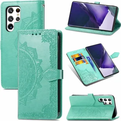 Collage of images showing a green phone case for a Samsung Galaxy S22 Ultra 5G.
