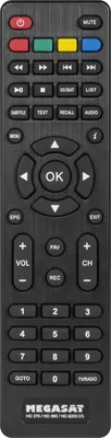 A black remote control with various buttons and labels.