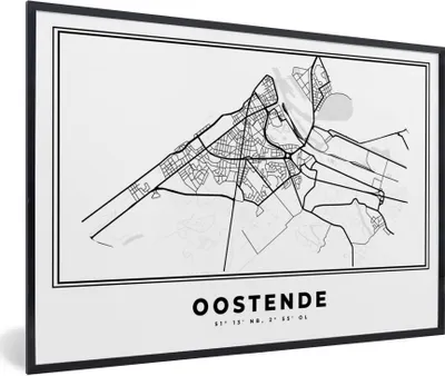 Produktbild von MuchoWow® Gerahmtes Poster Karte - Ostende - Belgien - Schwarz und weiß - Stadtplan 30x20 cm - Poster mit Schwarzem Bilderrahmen Wandposter Rahmen Foto Bilder - Kunstdruck - Bild-Poster