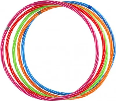 Several colorful hula hoops are arranged in a circular pattern against a white background.
