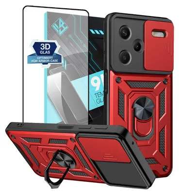 Produktbild von Armor Handyhülle für Xiaomi Redmi Note 13 Pro+ 5G mit 9H Displayglas Displayschutz Kameraschutz Handy Panzer Case Cover Schutzhülle Outdoor Farbe: Rot