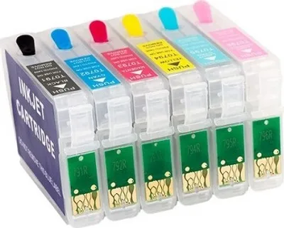 Image de Cartouches d'encre rechargeables compatibles avec Epson T0791, T0792, T0793, T0794, T0795, - 6 cartouches rechargeables avec puces de réinitialisation automatique pour Epson Stylus Photo1400, 1500, Epson Stylus P50, PX650, PX660, PX700W, PX710W, PX720WD, PX730WD, PX800FW, PX810FW, PX820FWD, PX830FWD