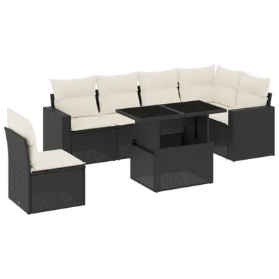 Produktbild von Modulares Gartenmöbel-Set, 7-tlg. Sofagarnitur mit verstellbarem Tisch, Poly Rattan Schwarz, UV-beständig, Cremeweiße Kissen mit abnehmbaren Bezügen