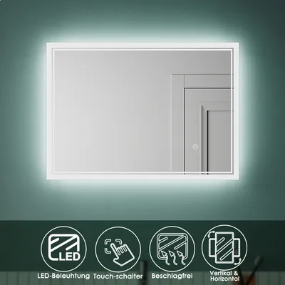 Produktbild von LED Badspiegel Mit Stromausfallspeicher und Anti-Beschlag-Funktion 70×50cm，Taktile Schalter，IP44 ，Horizontale/vertikale Aufhängung