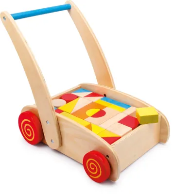 Immagine prodotto di Piccolo carrello di apprendimento per camminare, realizzato con blocchi di legno, giocattolo per lo sviluppo della motricità, ideale per l'apprendimento dei colori e delle forme, adatto a bambini dai 12 mesi in su, codice prodotto: 2695