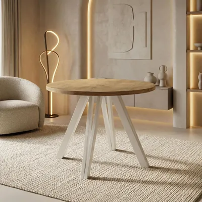 Produktbild von Runder Esstisch Ausziehbar 100–180 cm mit Weißen Holzbeinen aus Buchenholz – Moderner Ausziehtisch für Esszimmer, Küche und Wohnzimmer – Tisch für 4–8 Personen – Eiche Hell Braun