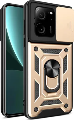 Produktbild von Hülle für Xiaomi 13T / 13T Pro / Redmi K60 Ultra mit Ring Ständer Halter Dia Kameraschutz TPU PC Hybrid Handyhülle Gold