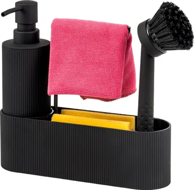 Produktbild von eluno Spülbecken-Set mit Soft-Touch Oberfläche im Riffeldesign, Spülutensilienhalter, inkl. Seifenspender 350ml, Spülbürste und drehbarem Tuchhalter, mit Ersatzbürstenkopf und Pumpe, schwarz
