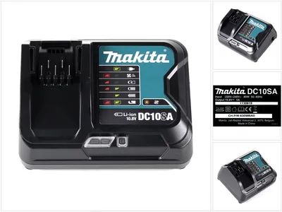 A Makita DC10SA Li-Ion battery charger is shown in a studio setting with a white background. The charger is black with teal accents and features indicator lights and the Makita logo. There are also smaller inset images of the charger and a label with produ