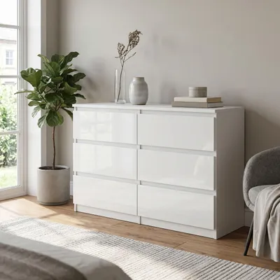 Produktbild von Masseno Kommode NUDO 138,5 cm Sideboard mit 6 Schubladen und  Türen für Wohnzimmer Schlafzimmer Modern 138,5x39x78,5 cm Weiß / Weiß