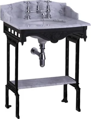 Produktbild von Casa Padrino Luxus Jugendstil Stand Waschtisch Weiß / Schwarz mit Marmorplatte mit Spritzschutz hinten, seitlich und Ablage Barock Waschbecken Barockstil Antik Stil