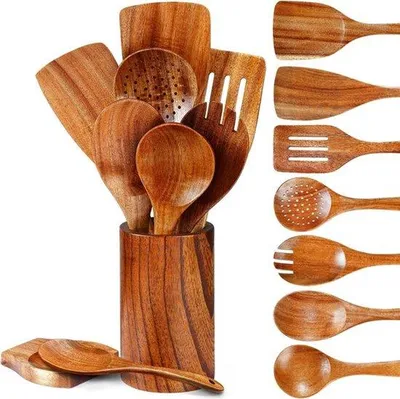 Image de Set d'ustensiles de cuisine en bois - Set de spatules antiadhésives - Set de cuillères et écumoires - Support en bois