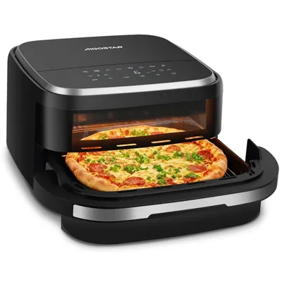Produktbild von Aigostar Heißluftfritteuse XL 745 cm² Garfläche, Pizzafunktion, Doppelheizung, Sichtfenster, 11 Programmen 2200 W leiser, Extra-Crisp Technologie