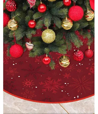 Image de Nappe de Noël ronde, d'environ 90 cm de diamètre, de couleur rouge, avec un motif de flocons de neige