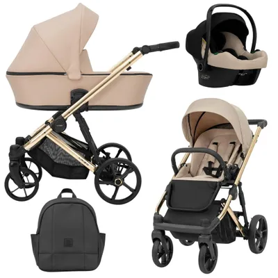 Produktbild von Kunert ARIZO PREMIUM 3in1 Kinderwagen in Braun mit goldenem Gestell, Tragetasche und Zubehör
