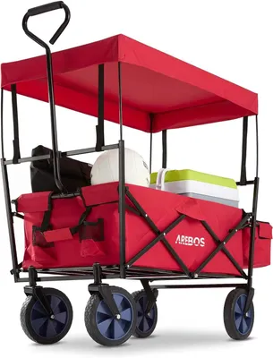 Produktbild von Faltbarer Bollerwagen mit Dach, Hand- und Transportwagen mit 2 Netztaschen und einer Außentasche, bis 70 kg Tragkraft, 360°-Vollgummireifen, Rot