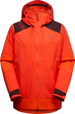 Hardshelljacke für Damen in leuchtendem Orange von La Sportiva; Modell "Supercouloir GTX Pro Jkt W"; mit Kapuze und Reißverschluss.