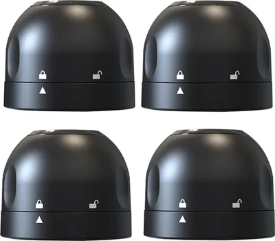 Four black bottle stoppers are arranged in a two-by-two grid on a white background.