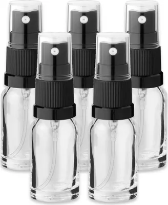 Produktbild von 5x Glasflasche klar 10 ml mit schwarzem Zerstäuber Apothekerflaschen