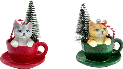 Produktbild von Dekofigur Katze in Tasse Polyresin Ø 6 x 8 cm grün rot