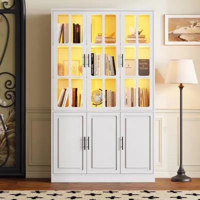Produktbild von Merax Vitrine Hochschrank mit 6 Türen, Glasvitrine mit LED-Beleuchtung, Multifunktionsschrank mit drei Ebenen und verstellbaren Einlegeböden,Weiß