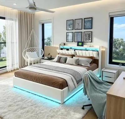 Image de Lit avec tête de lit capitonnée - Dimensions 140 x 200 cm - Éclairage LED - Rangement avec système hydraulique - Tête de lit avec ports USB et espace de rangement - Revêtement en velours, couleur beige