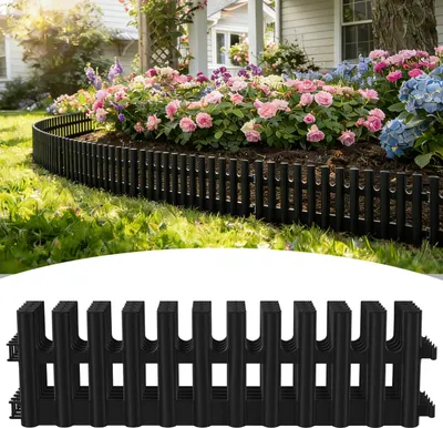 Produktbild von Izrielar Plastik Rasenkante 6-teilig Set | 43x13 cm Hoch | Flexible Beetumrandung Garten | Witterungsbeständig Schwarz | Inklusive 12 Erdnägeln 20 cm