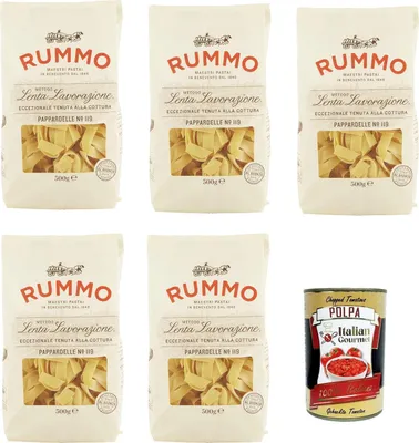 Produktbild von Rummo Pappardelle ? 119, Pasta Lenta Lavorazione Teigwaren aus Hartweizengrieß Bronze-Zeichnung 5x 500g + Italian Gourmet polpa 400g