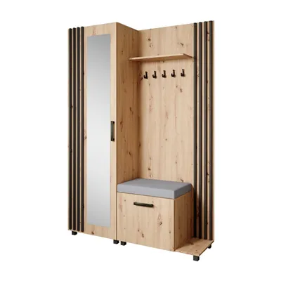 Produktbild von Garderoben-Set LIVIA Rechts Eiche Artisan – Garderobenschrank mit Spiegel, Schuhschrank mit grauem Sitzkissen, Lamellen in Schwarz, Hochschrank
