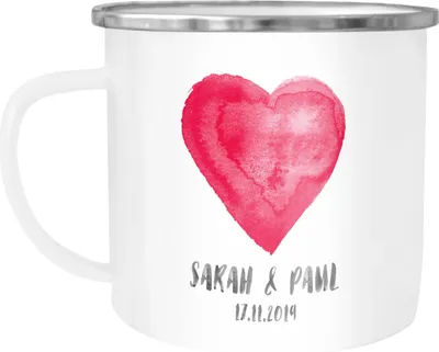 Produktbild von Emaille-Tasse mit zwei Namen Datum Herz personalisierte Geschenke Hochzeitsgeschenk Geschenk Liebe SpecialMe® weiß-metall Emailletasse