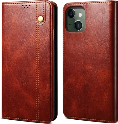 A brown leather flip wallet case for an iPhone 14 is shown from two angles.