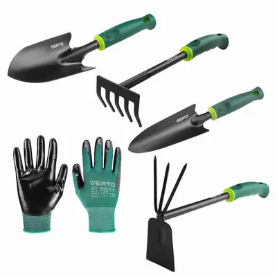 Produktbild von Zestaw narzędzi ogrodowych VERTO 5 szt. z rękawicami ogrodowymi| 2 x kielnia do sadzenia 34 i 35 cm + motyka kombi 34 cm + grabie ręczne 34 cm + rękawice ogrodowe