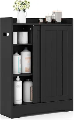 Produktbild von Badezimmerschrank, Aufbewahrungsschrank, 2 Schiebetüren, verstellbare Ablagen, Toilettenpapierhalter, Bürstenfach, 60x20x80 cm, Schwarz