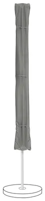 A closed umbrella is covered by a gray protective sleeve and stands on a white pole with a circular base.
