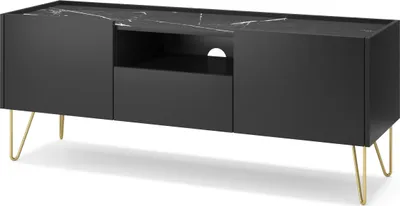 Produktbild von Moderne TV-Kommode Lowboard mit Schublade TV-Board Fernsehschrank Fernsehtisch TV-Schrank - Harmonix 144 Schwarz Graphit + Marmur Schwarz