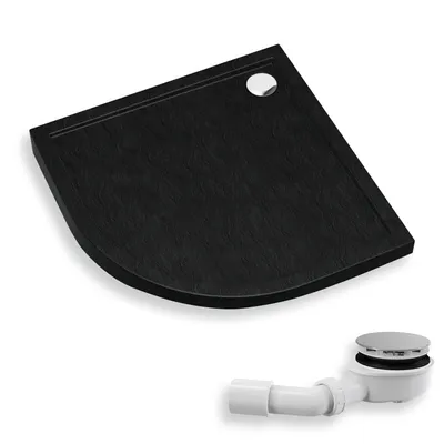 Produktbild von Duschwanne Viertelkreis 90x90x4,5 Sanitäracryl Duschtasse Steinoptik Schwarz | Ablaufgarnitur im SET | Anti-Rutsch Duschbecken | BADLAND CASPAR NEW