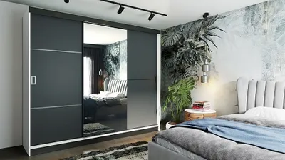 Produktbild von FurMeb24 Schiebetrenschrank RETRO 2 -200x205cm Kleiderschrank mit Spiegel, 3-triger Schiebeschrank (Weiss / Graphit Antrazit  + Spiegel und schwarze Beschl€ge)