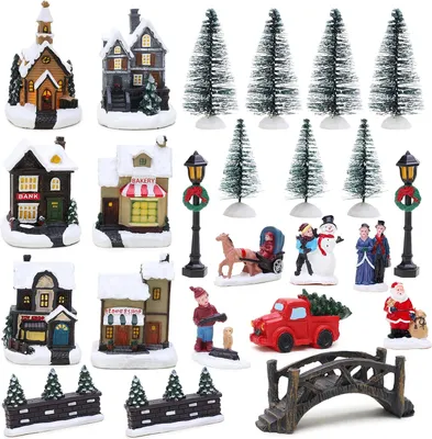 Productafbeelding van Mini christmas village & shop scene set met lED-verlichting - 25-delig - Kerstversiering (dorp)